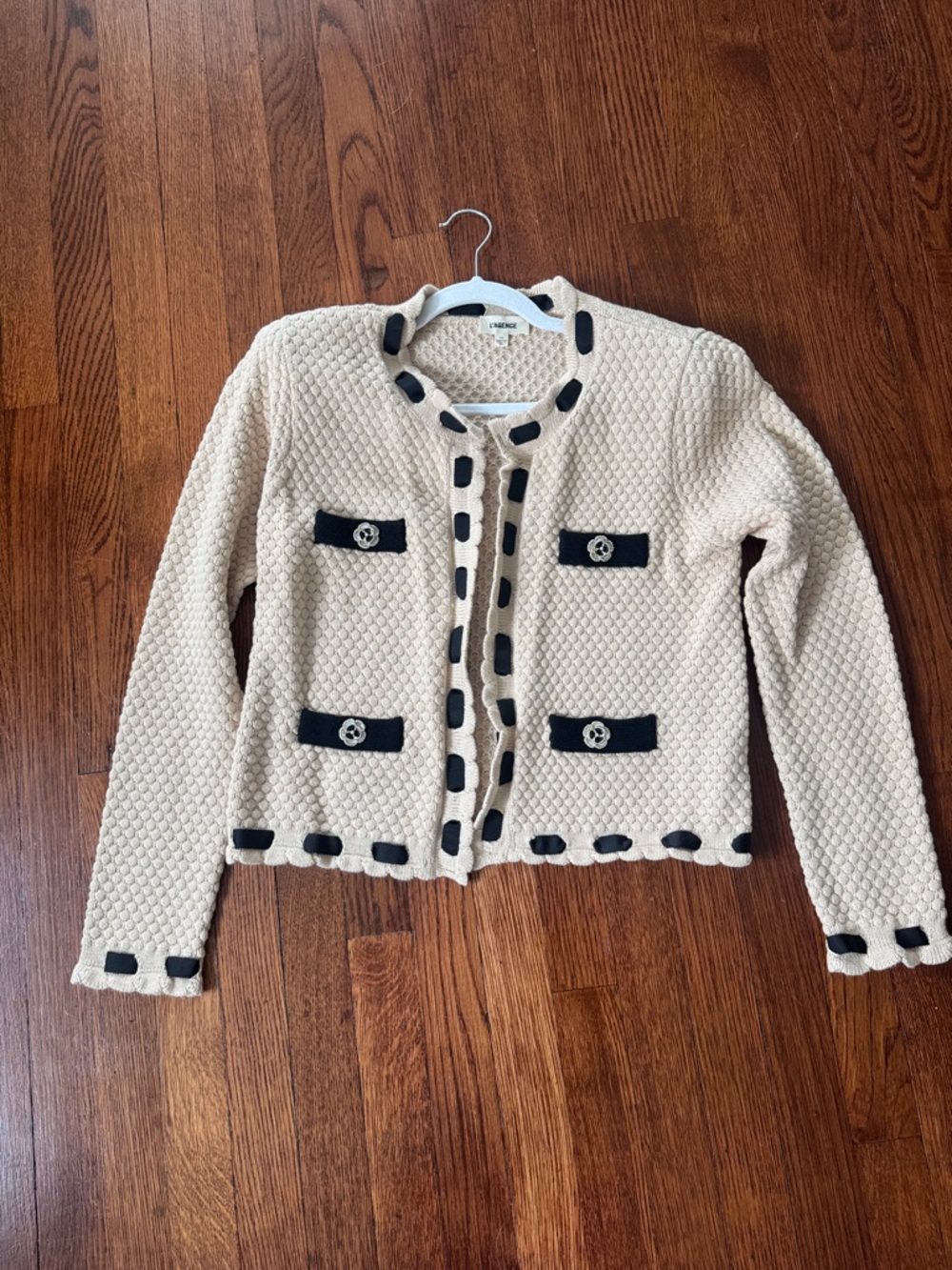 L'AGENCE Cream Knit Cardigan with Black Trim